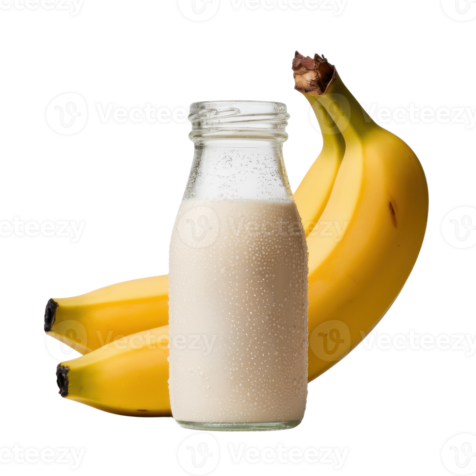 Refreshing banana smoothie in a glass bottle, surrounded by ripe bananas isolated on transparent background png