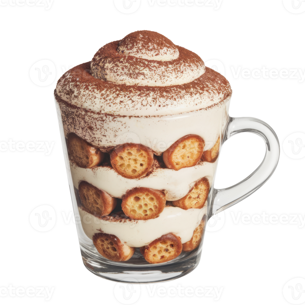 Delicious tiramisu dessert in a clear glass mug, featuring layers of biscuits and creamy filling, topped with cocoa powder isolated on transparent background png