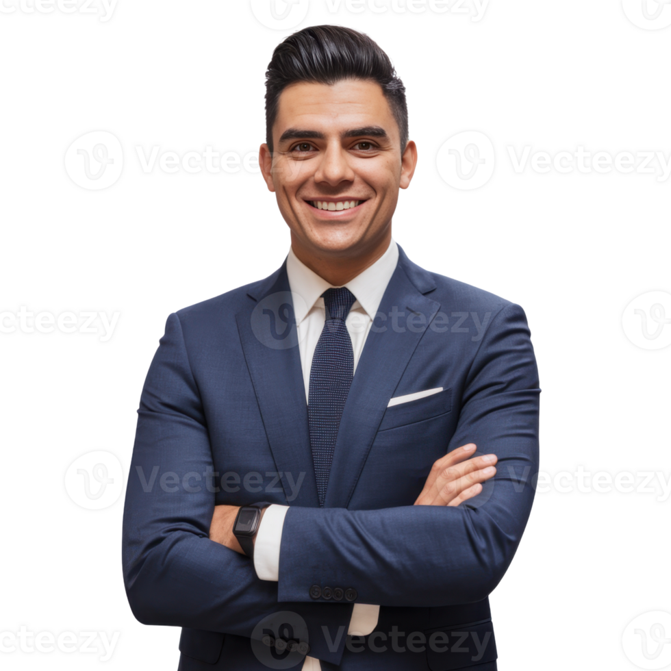 Confident businessman with folded arms in navy suit isolated on transparent background png