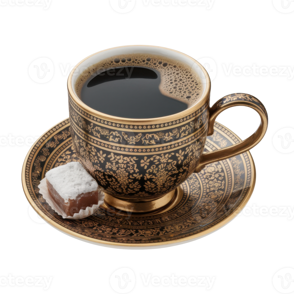 Elegant coffee cup filled with dark coffee on a matching saucer isolated on transparent background png