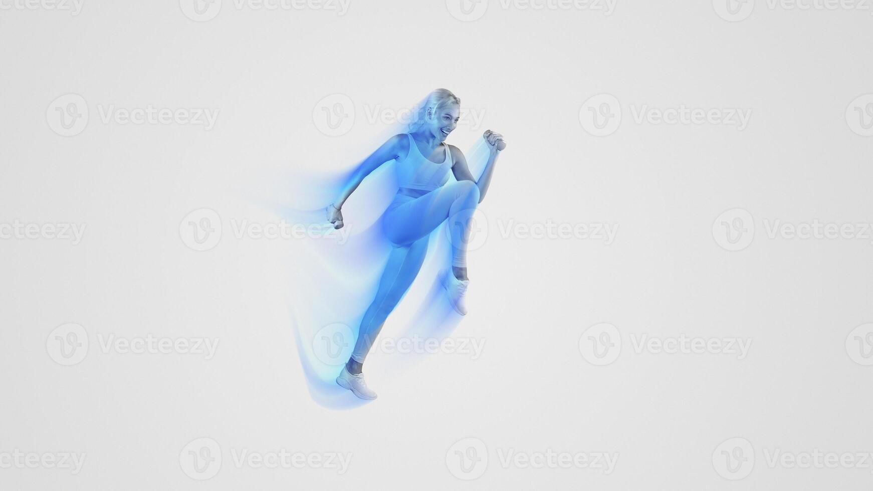 Training Concept. Excited Fit Lady In Sportswear Exercising With Two Dumbbells And Lifting Leg Up Isolated On Blue Studio Background Wall. Energy And Sports, Full Body Length Portrait, Free Copy Space photo