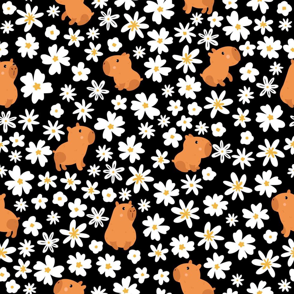 Seamless capybaras print with white flowers. vector