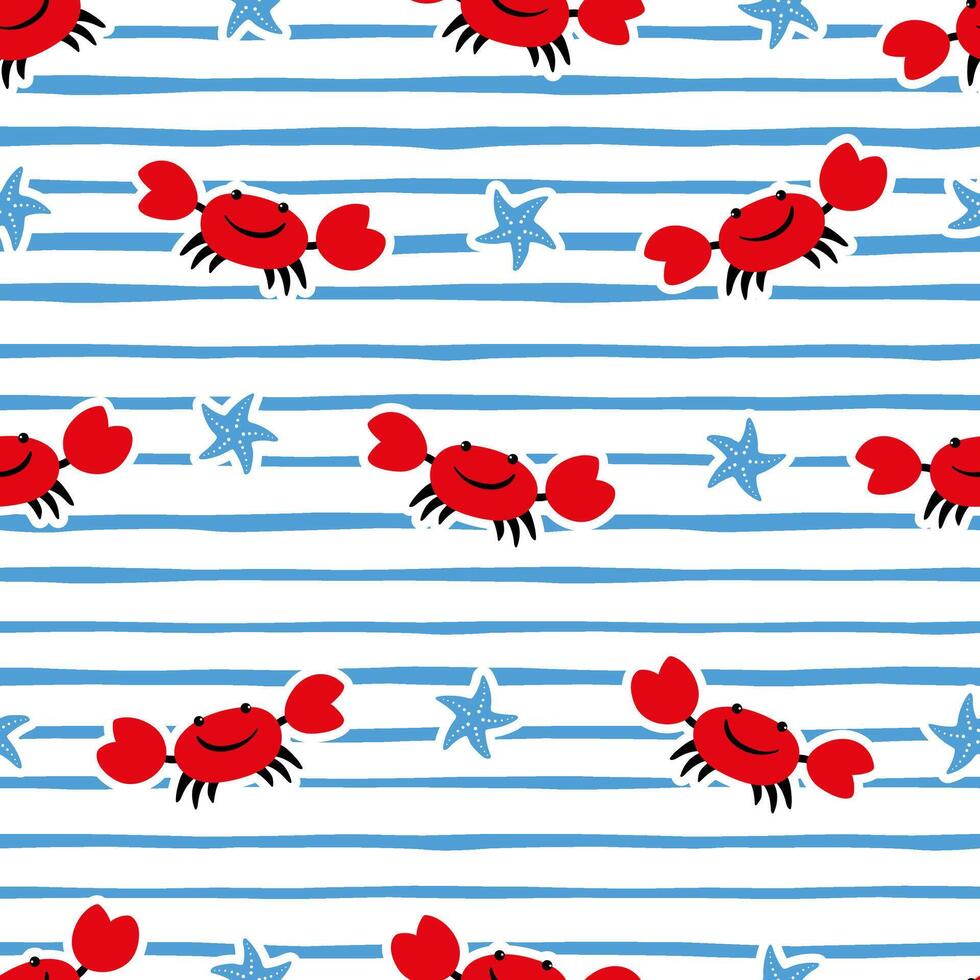Cartoon summer seamless pattern with crabs and seashells on striped background. vector