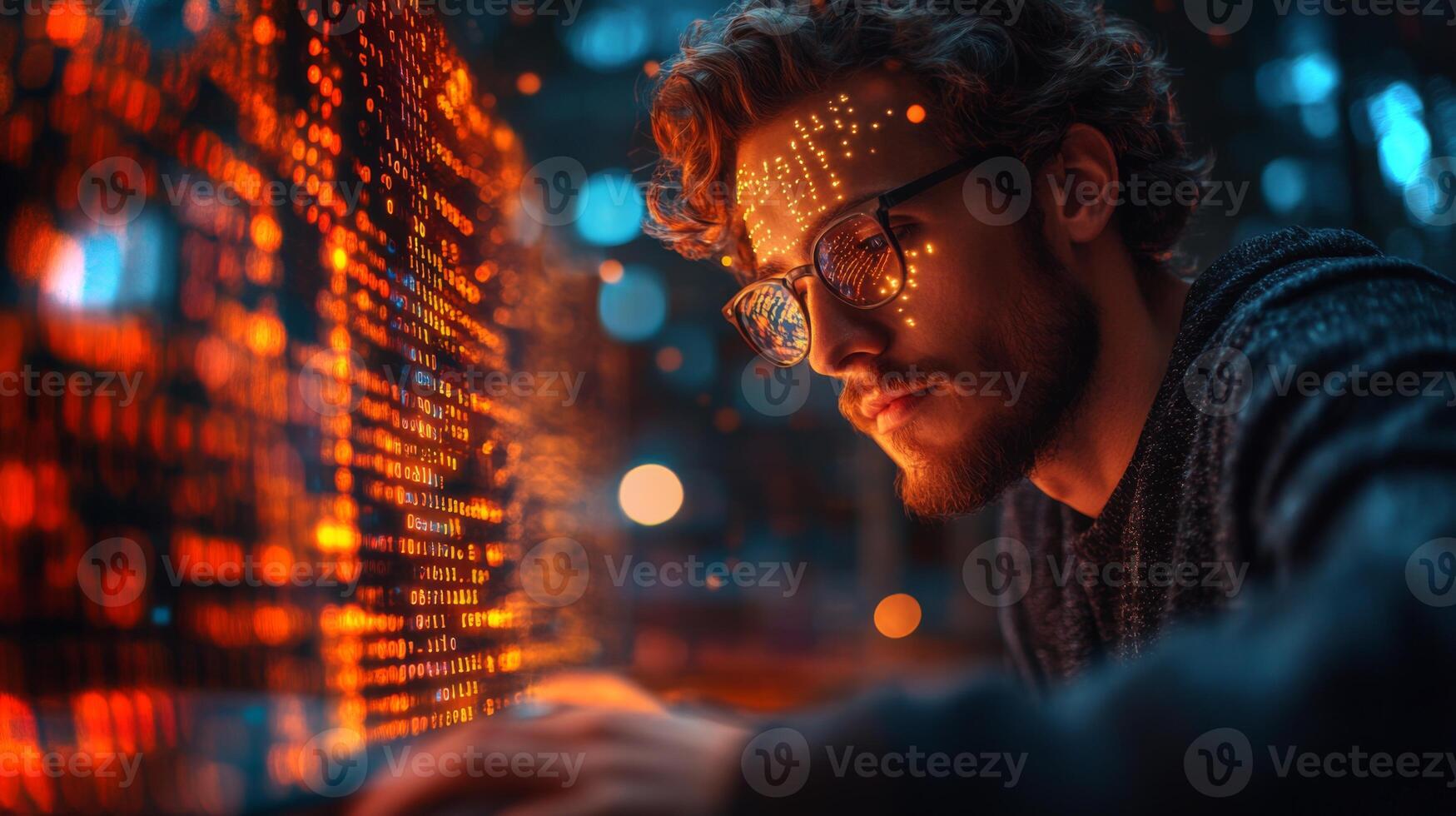 A person analyzes complex quantum encryption methods using qubits and superposition at a dimly lit workspace. The environment is filled with glowing binary code and futuristic elements. photo