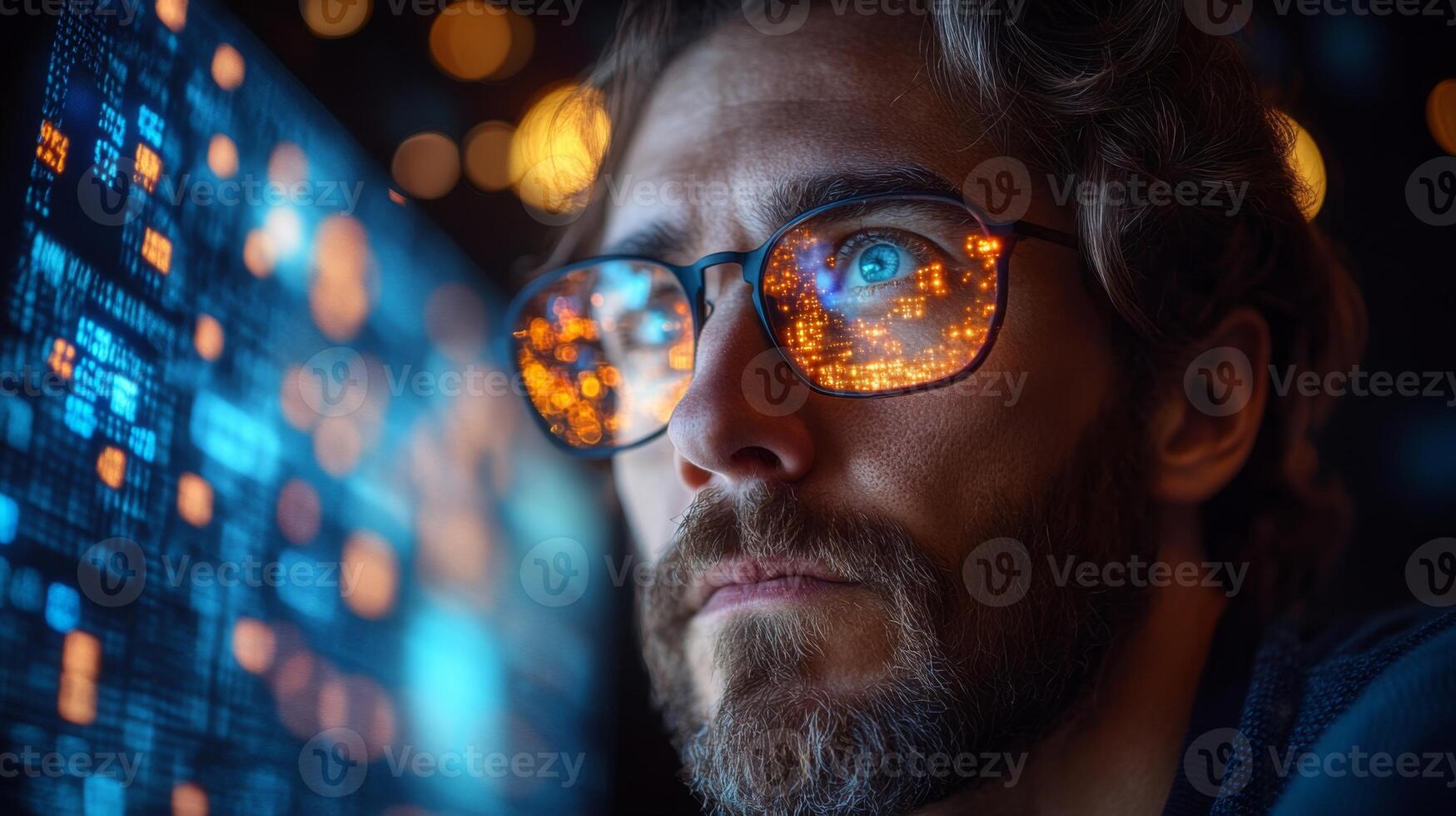 A researcher focused on quantum computing analyzes complex datasets using neural networks. Bright reflections illuminate their glasses, revealing intricate data patterns. photo
