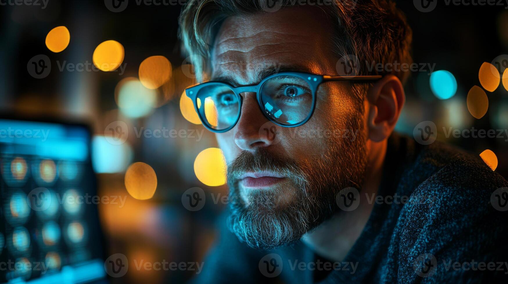 A person focuses intently on computer screens displaying quantum computing concepts at night. The environment features soft background lights that enhance concentration on the work. photo