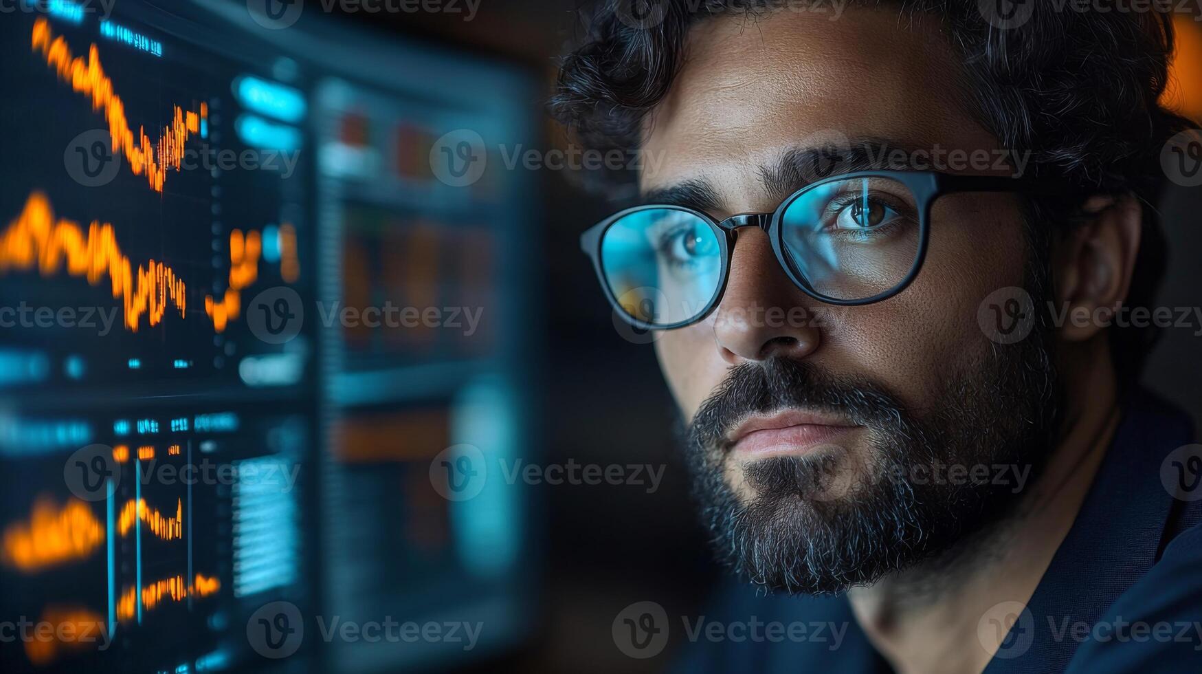 A researcher analyzes complex datasets related to quantum computing and machine learning in a contemporary office. Focus is on algorithms as he provides insights into qubits and neural networks. photo