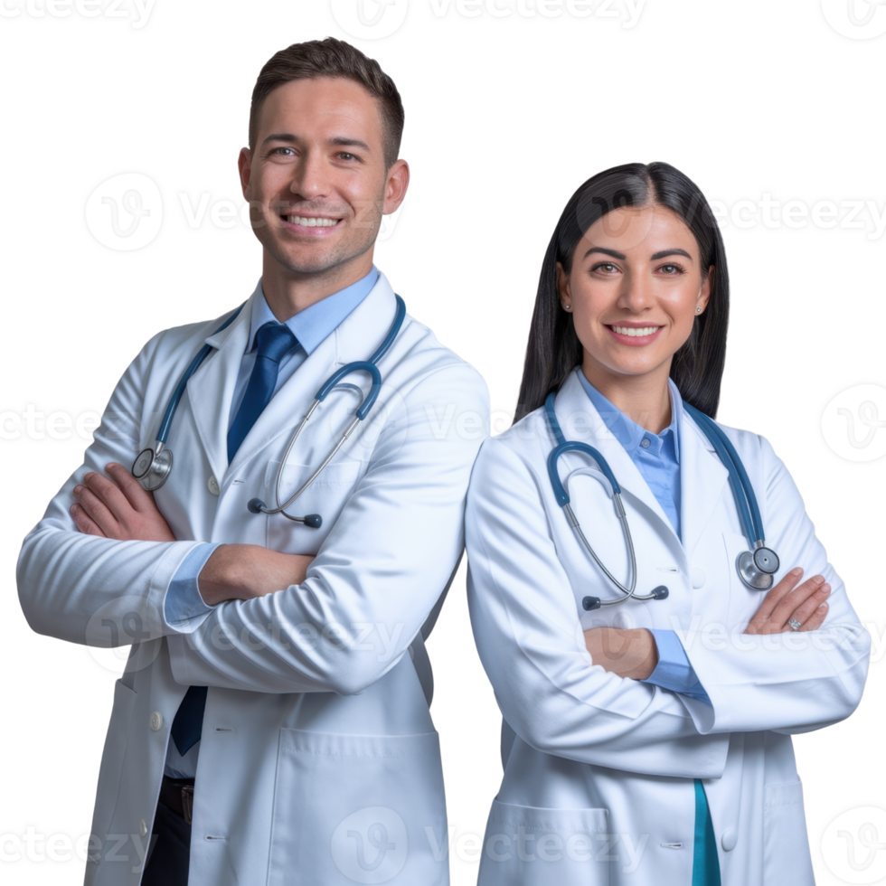 Confident medical professionals, a male and female doctor, stand together with arms crossed isolated on transparent background png