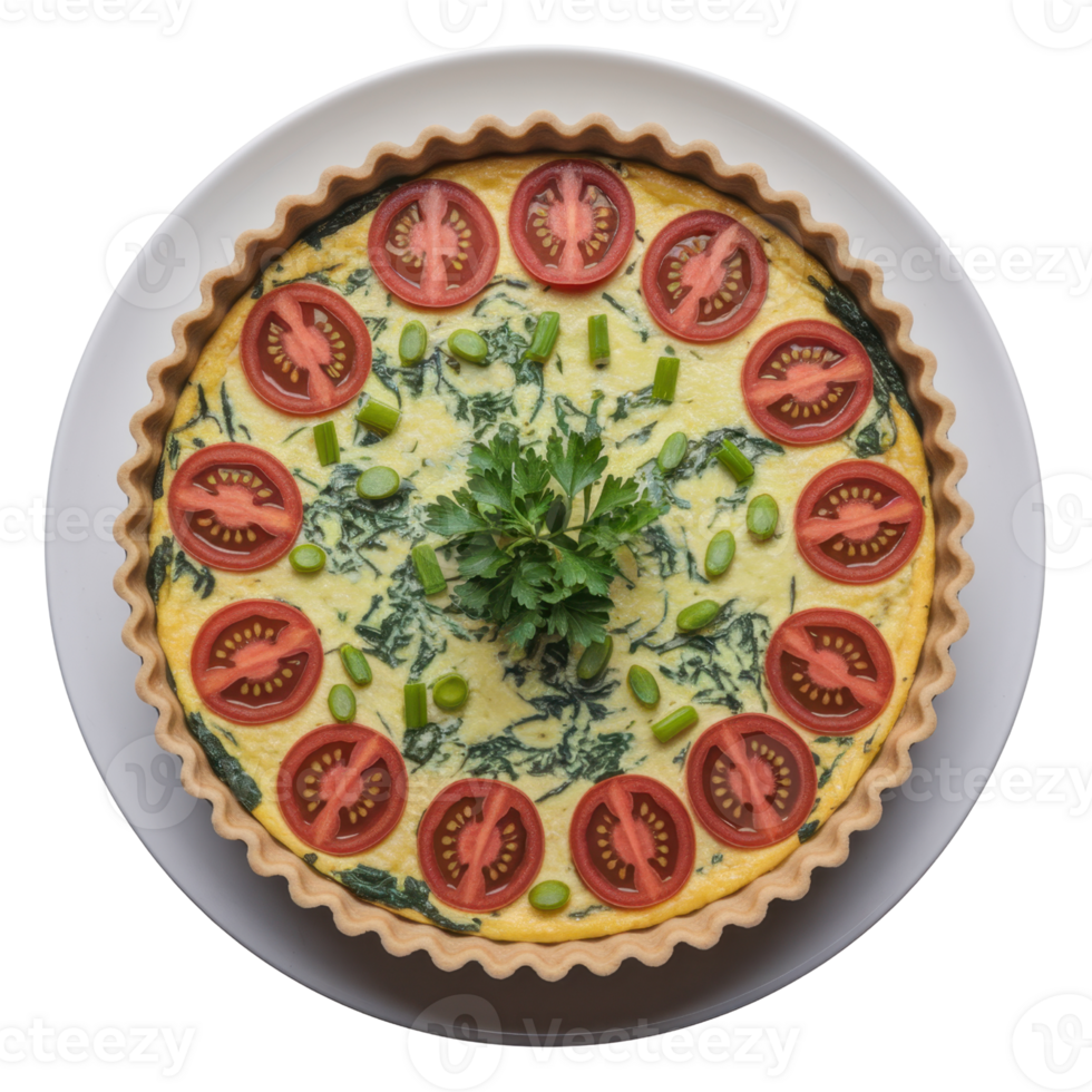 Top view of a quiche with a flaky crust filled with spinach, cherry tomatoes, and green beans, garnished with parsley isolated on transparent background png