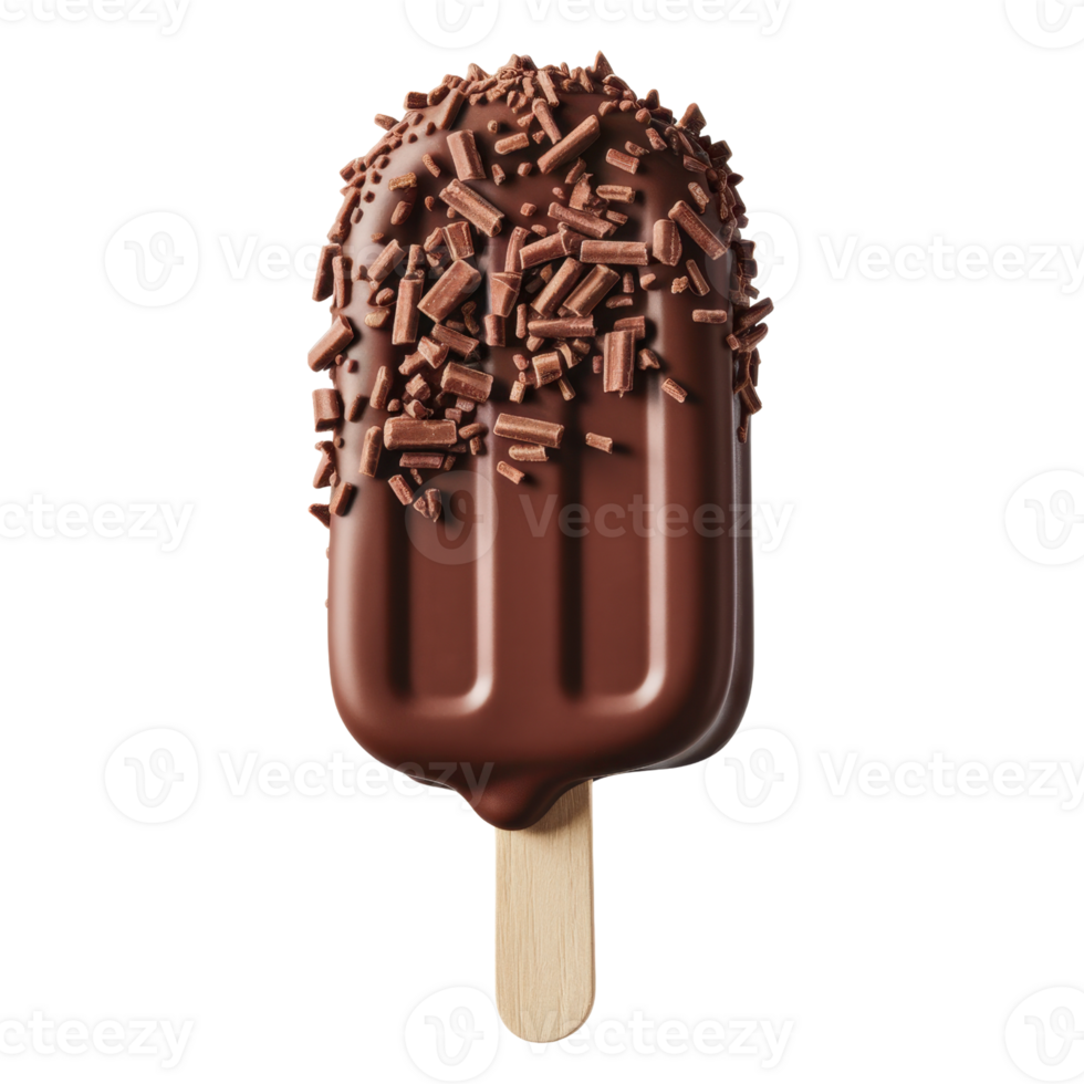 A delectable chocolate-covered ice cream bar adorned with chocolate sprinkles isolated on transparent background png