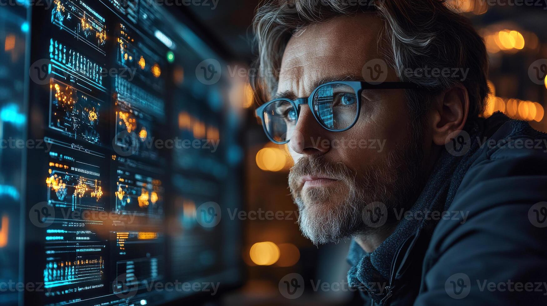 A researcher focuses intently on complex quantum algorithms displayed on multiple monitors, analyzing data to enhance neural network optimization and regression techniques in a dimly lit workspace. photo