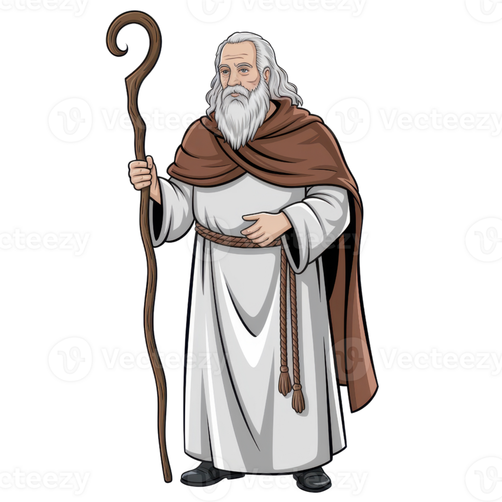 Wise elder, clad in simple robes, stands tall, holding a staff isolated on transparent background png