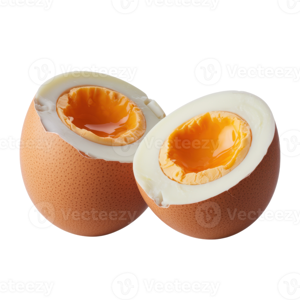 A halved hard-boiled egg, showcasing a perfectly cooked yolk, offers a protein-rich isolated on transparent background png