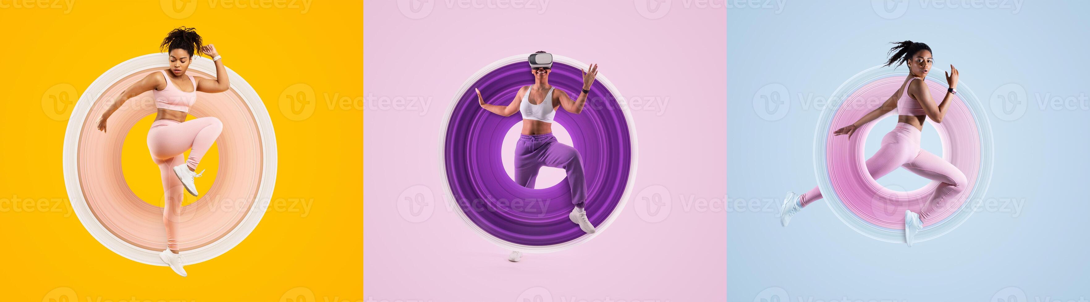 Three athletic women perform energetic exercises in vibrant settings. Each woman showcases fitness moves, embodying a healthy lifestyle through defined postures and expressions. photo