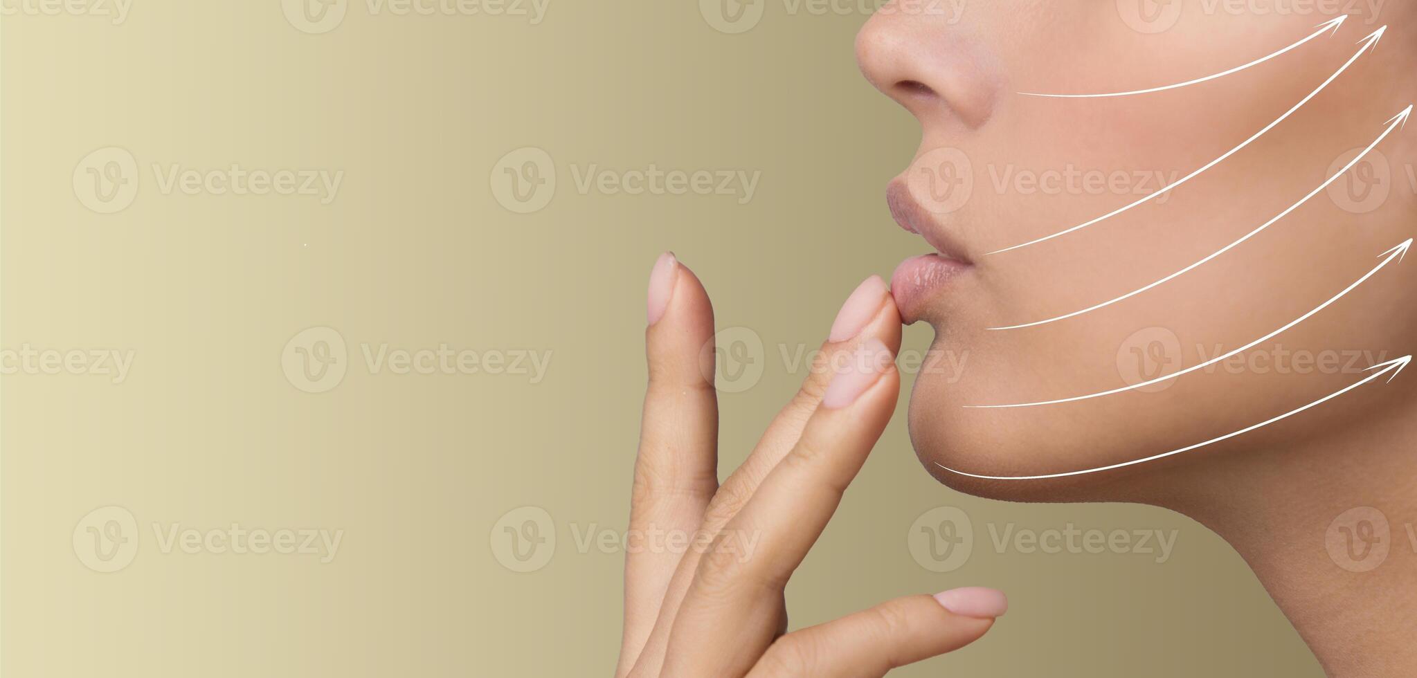 Skincare routine features a woman delicately massaging her face, focusing on anti-aging techniques. This pampering activity promotes rejuvenation and enhances skin vitality, copy space photo