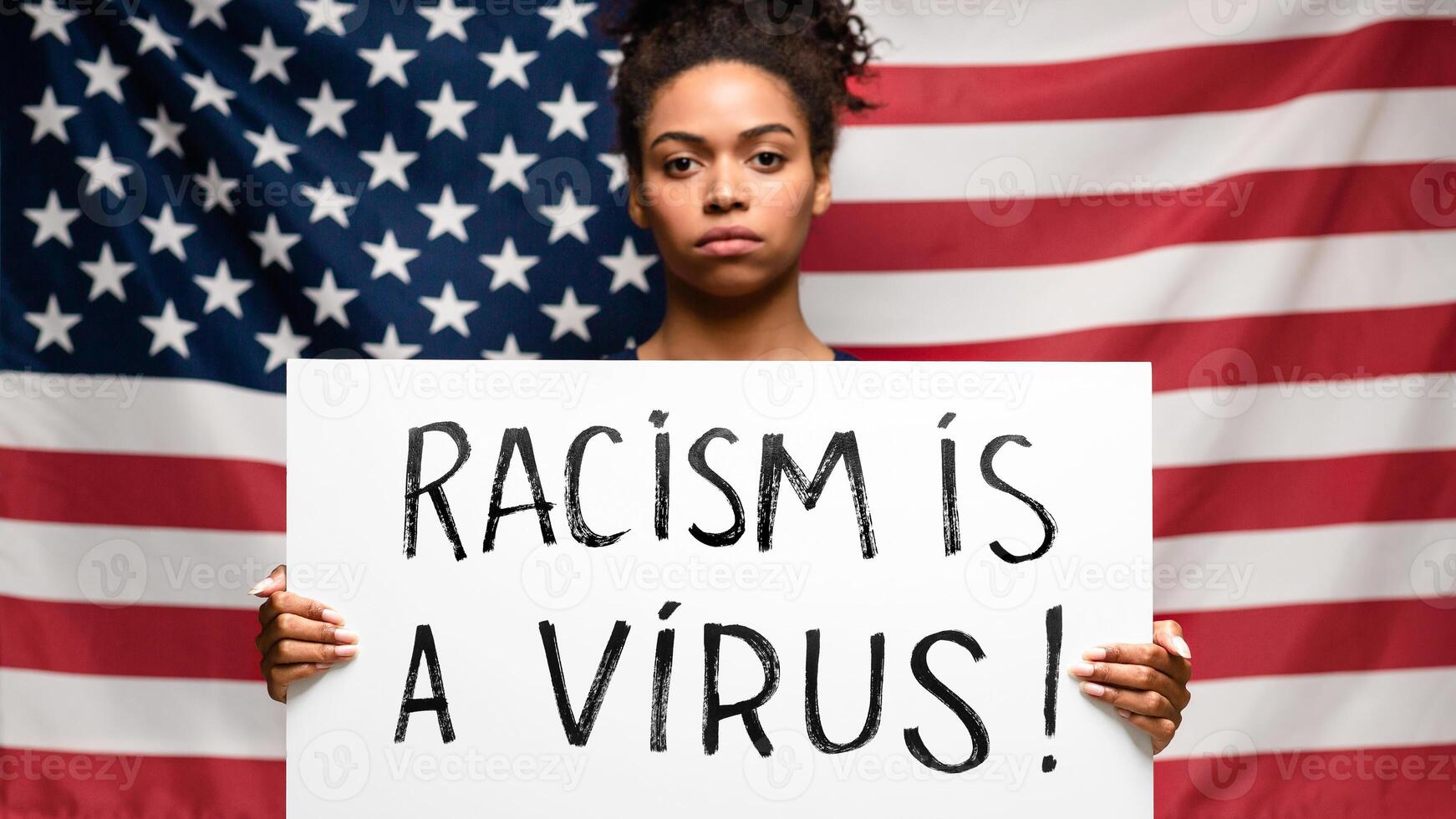 African american woman protesting with blank placard, empty space for text, US flag background photo