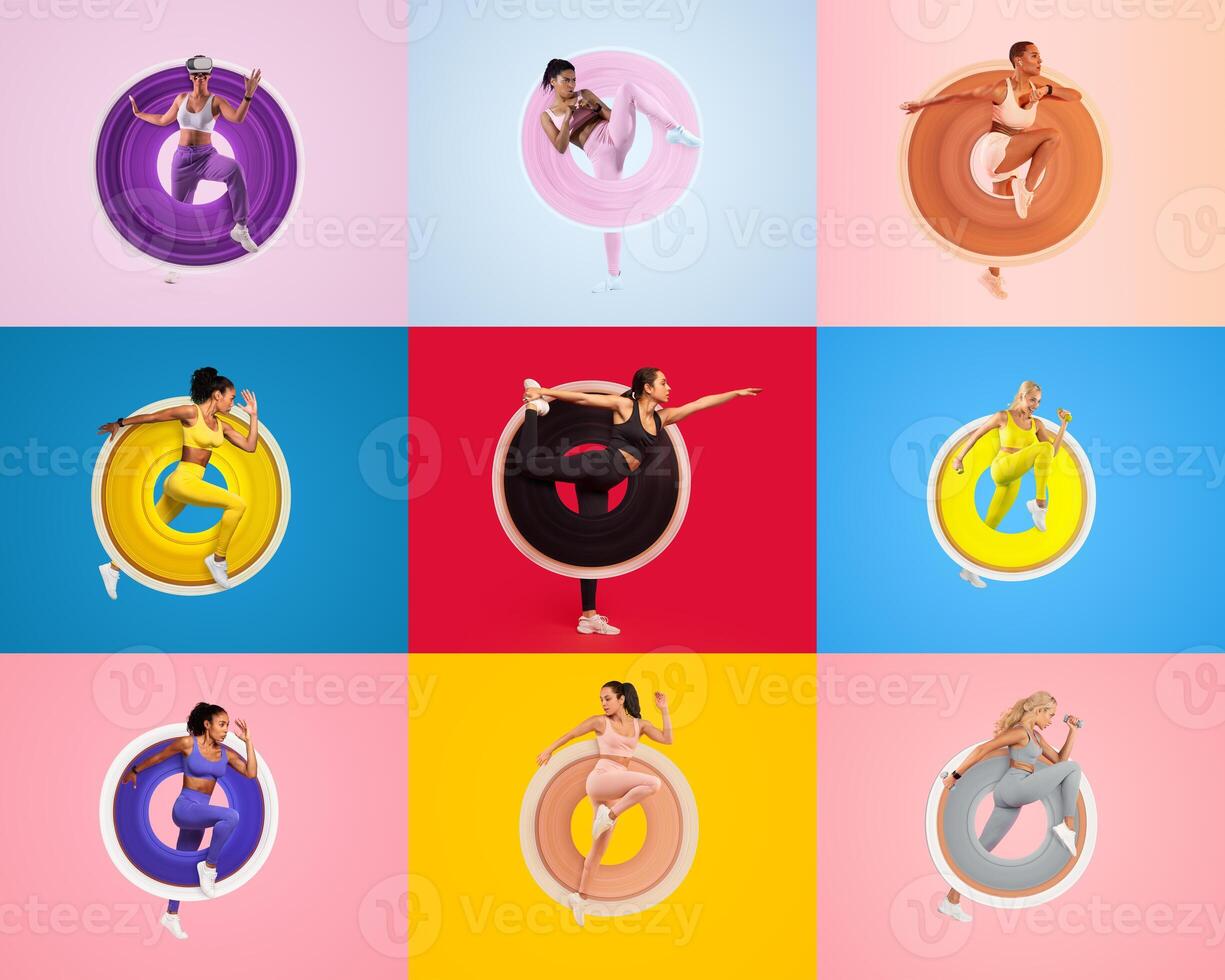This vibrant collage showcases millennials participating in a variety of athletic workout routines. The colorful backgrounds enhance the engaging atmosphere of fitness and healthy lifestyles. photo
