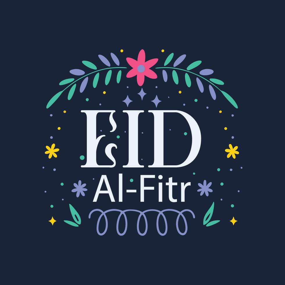 Elegant Eid al-Fitr Typography with Floral Decorations on Dark Background vector