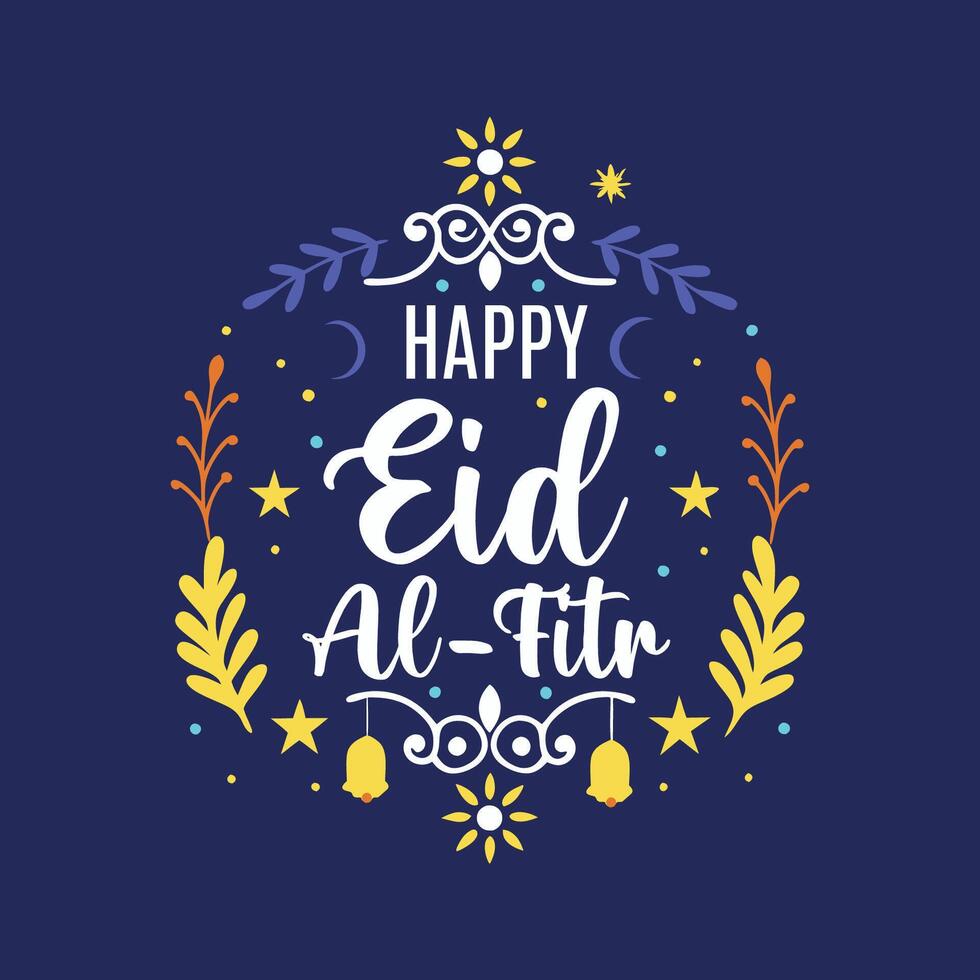 Happy Eid al-Fitr with Ornamental Leaves and Crescent Moon Design vector