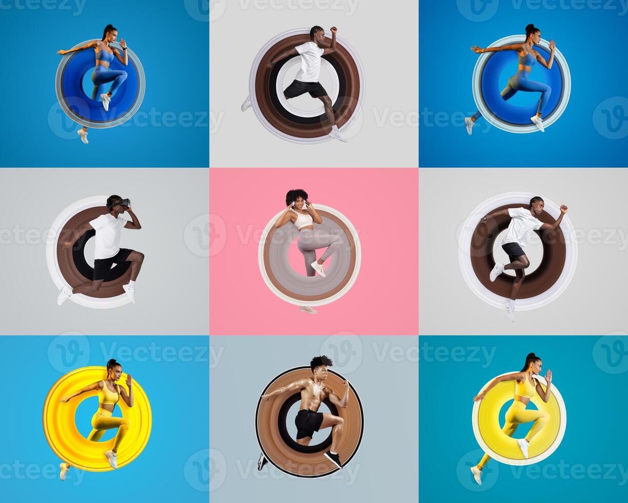 A dynamic collage showcases millennials participating in various athletic workouts. photo