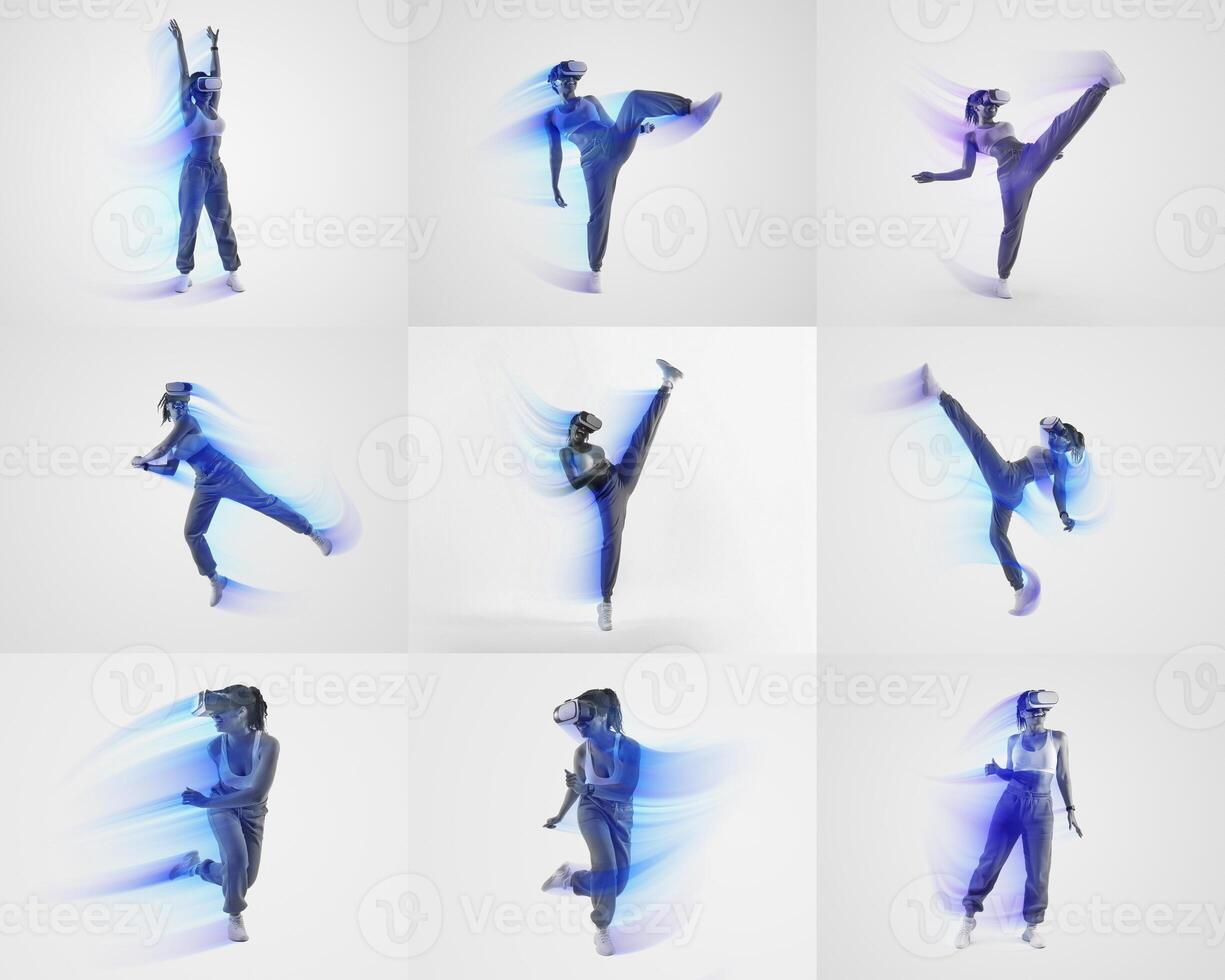 A collage displays individuals engaging in various athletic poses, merging workout enthusiasm with virtual reality. photo