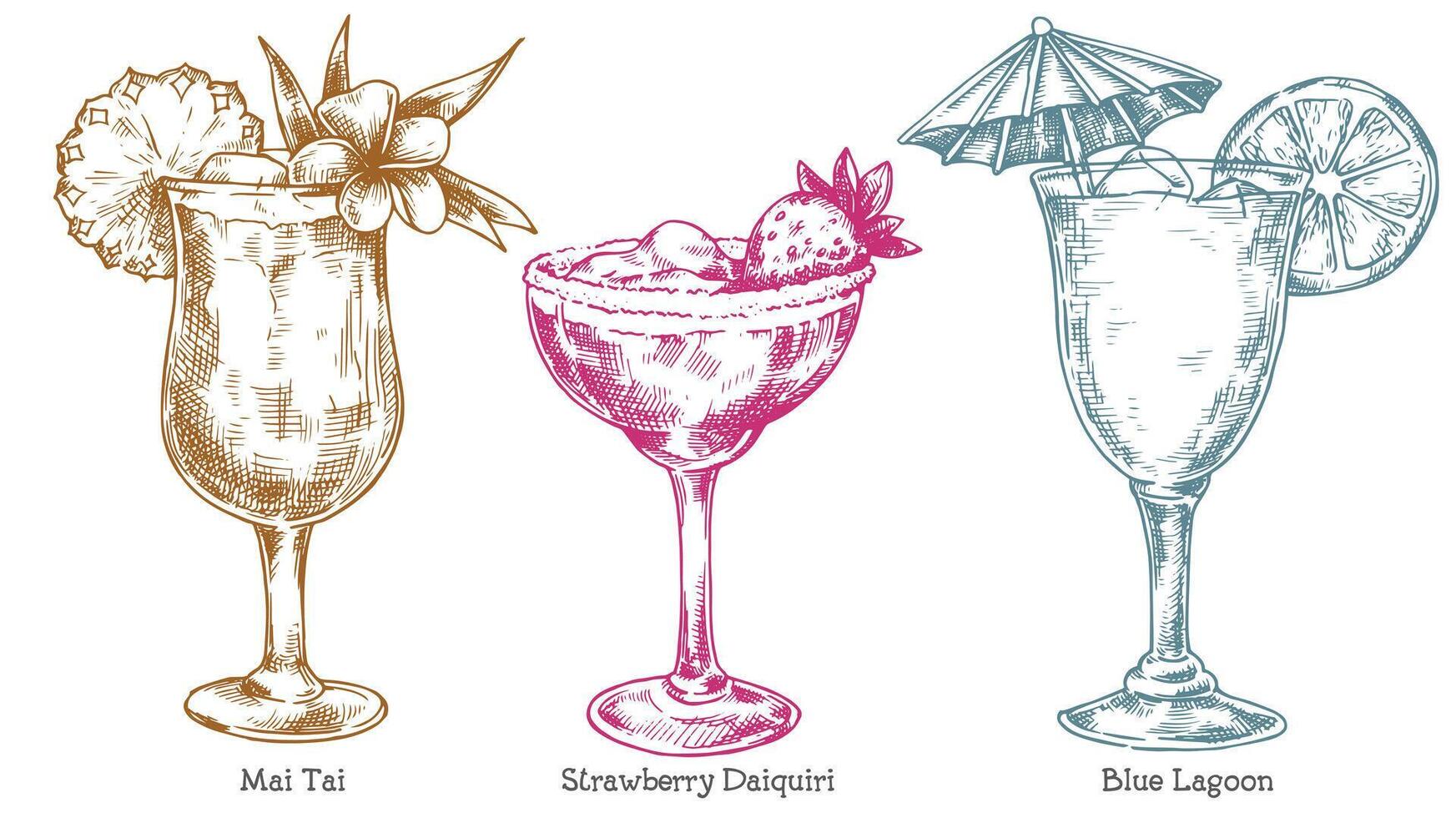 set of tropical alcoholic cocktails, illustration in sketch style vector