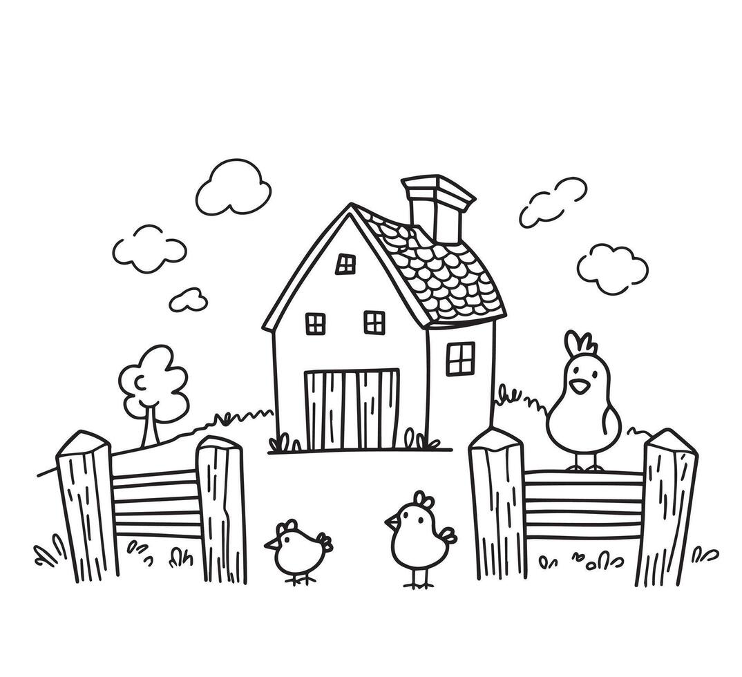 cute farm landscape with house and chickens. kids doodle illustration, coloring book vector