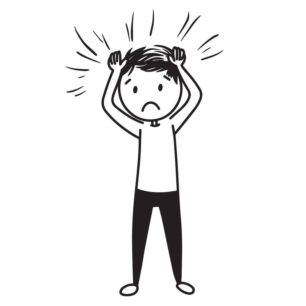 worried sad stick man doodle style illustration vector