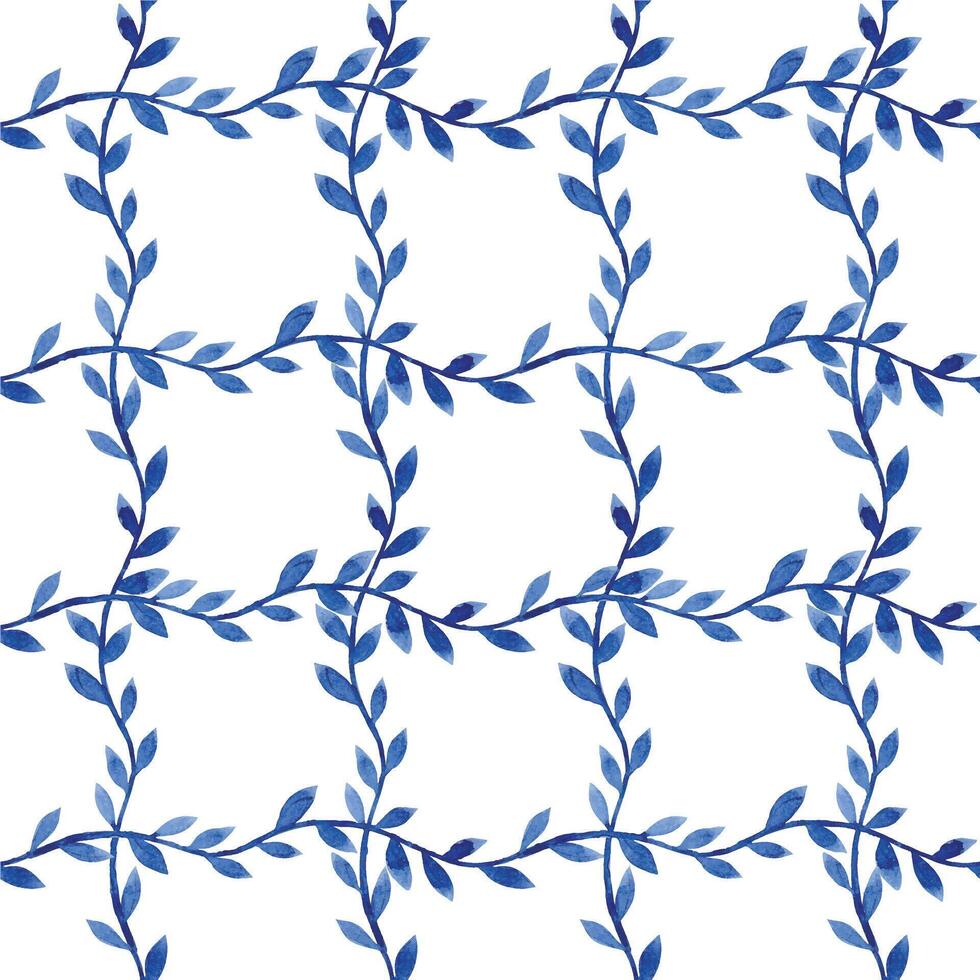 cute watercolor seamless pattern with blue checkered and leaves. simple print vector