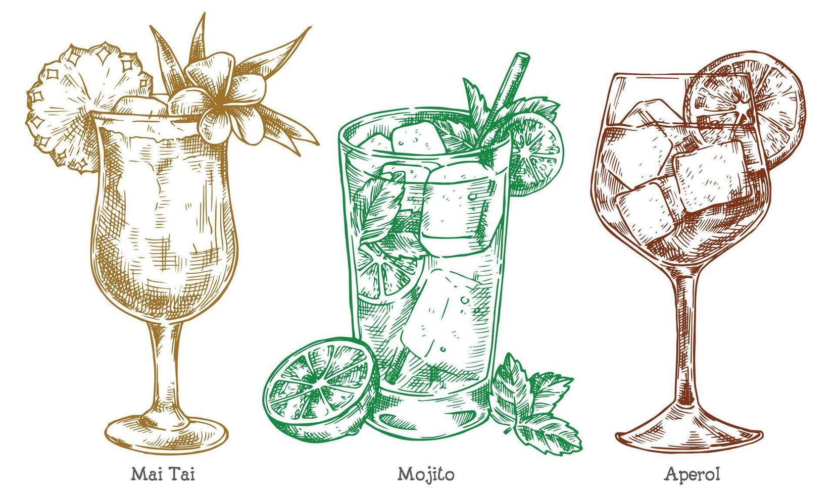 set of summer alcoholic cocktails, illustration in sketch style vector