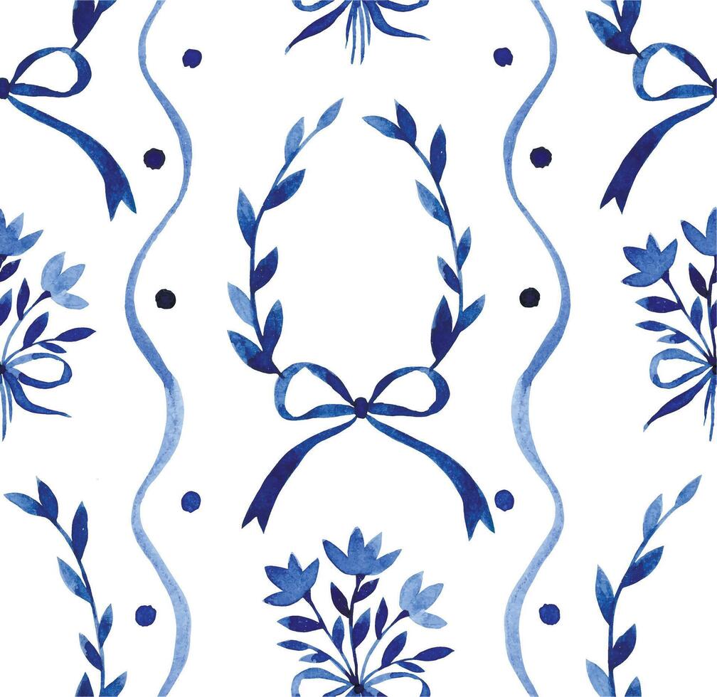 Seamless Easter pattern in vintage style. Watercolor blue eggs, bows and ribbons vector