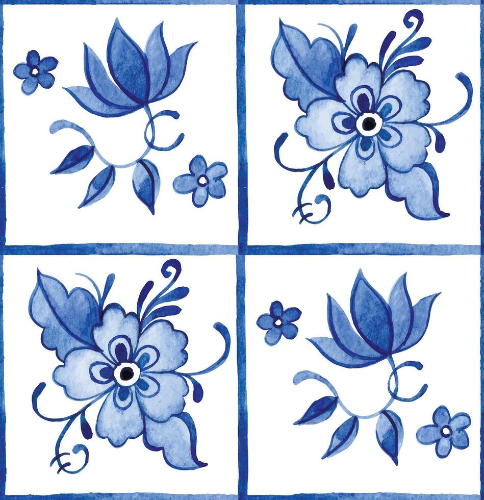 watercolor seamless pattern with tiles with blue flowers and ornaments vector