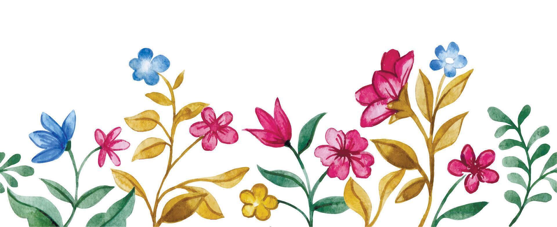 Watercolor seamless border with bright wild flowers and branches vector