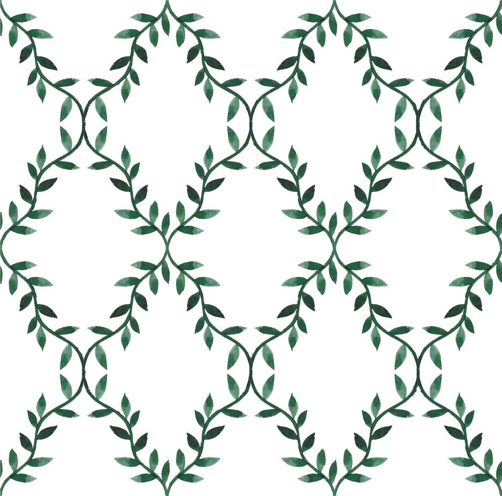 Watercolor seamless pattern with rhombus tile made of green branches with leaves. vector