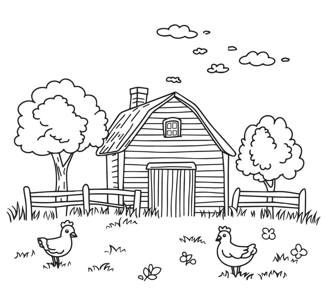 cute farm landscape with house and chickens. kids doodle illustration, coloring vector