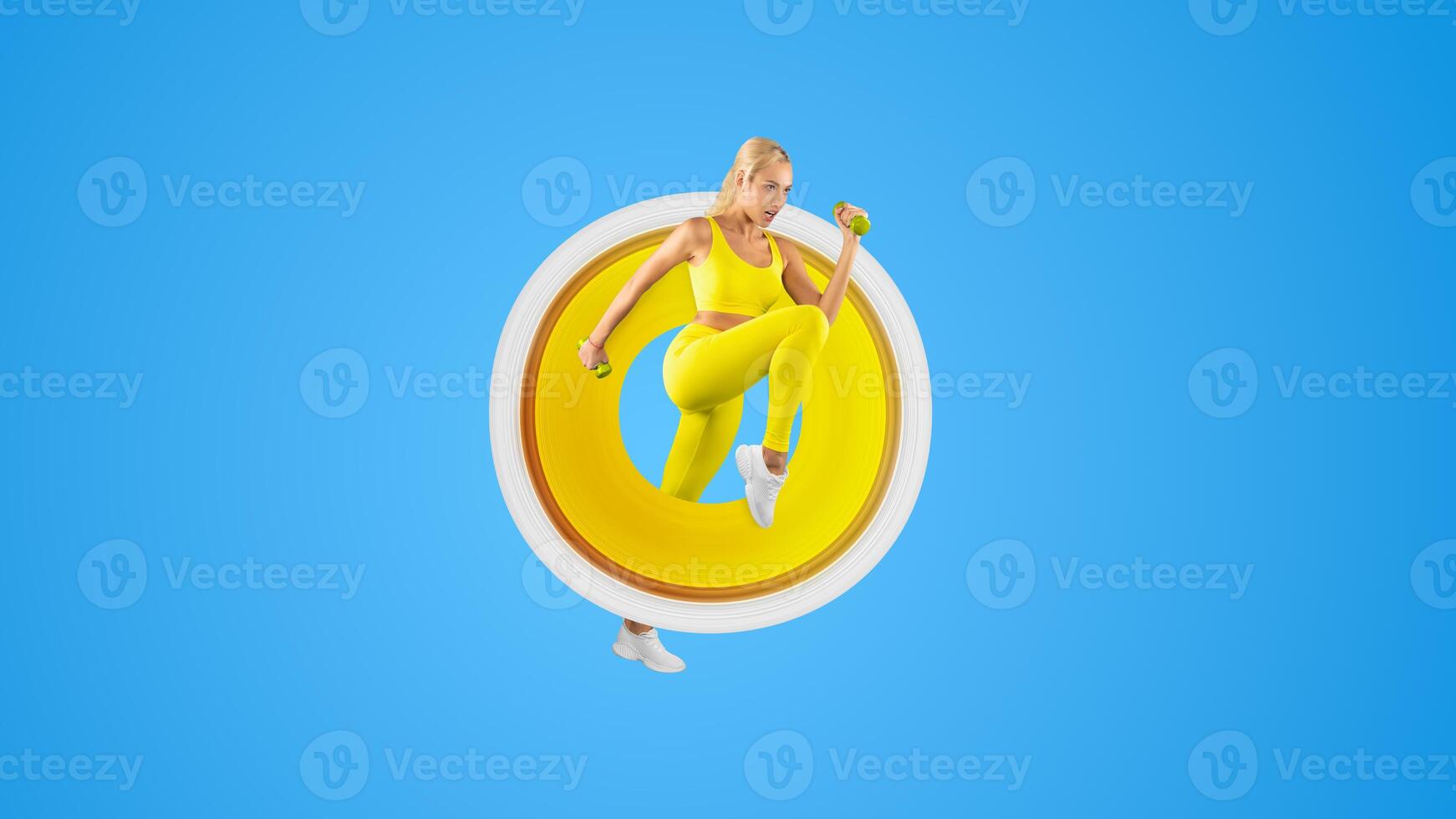 Determined Fit Lady Jumping Doing High Knee To Elbow Exercise Holding Dumbbells During Cardio Workout Over Blue Studio Background. Bodyshaping Concept. Panoramic Full Body Length Shot, Free Copy Space photo