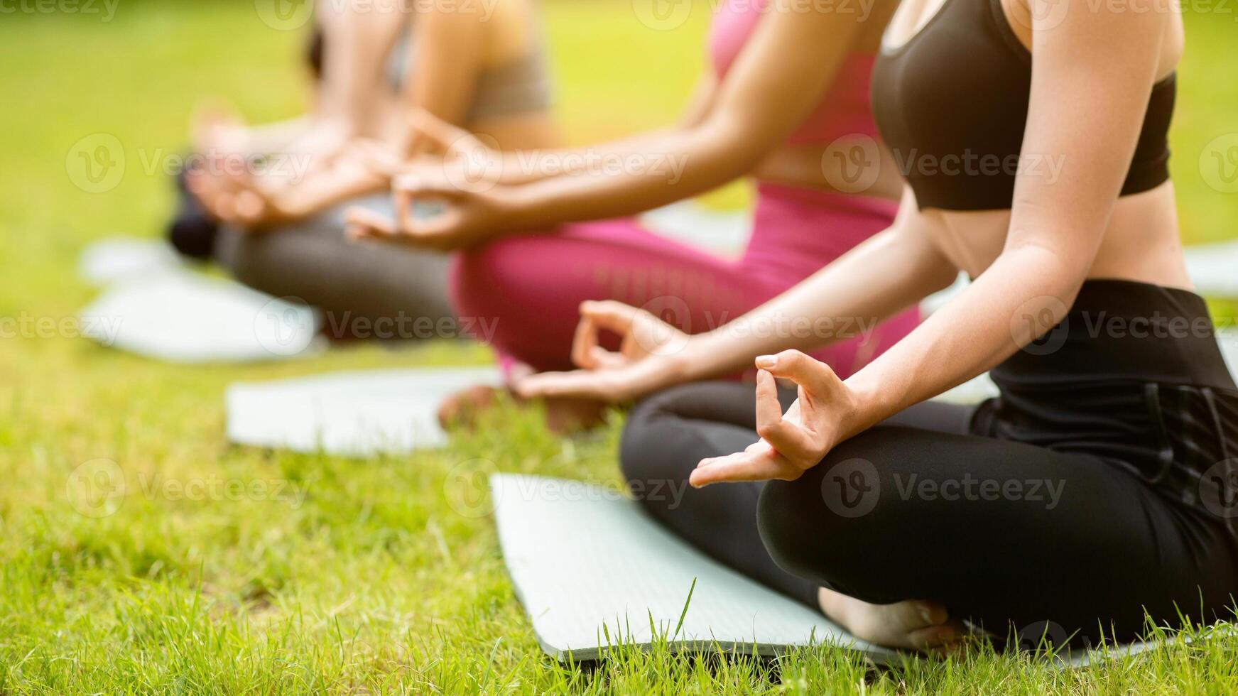 Closeup view of young women practicing meditation or yoga breathing at park, free space photo