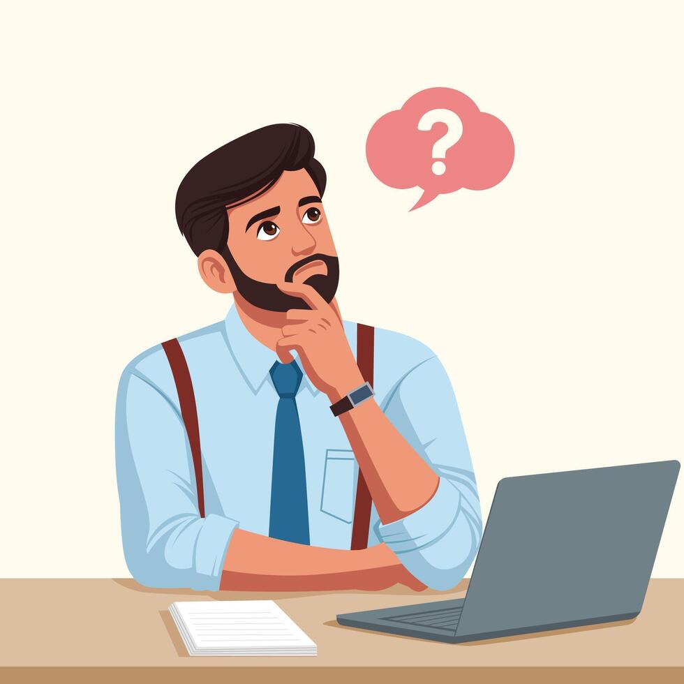 Pensive Man working with Laptop at office, flat style vector