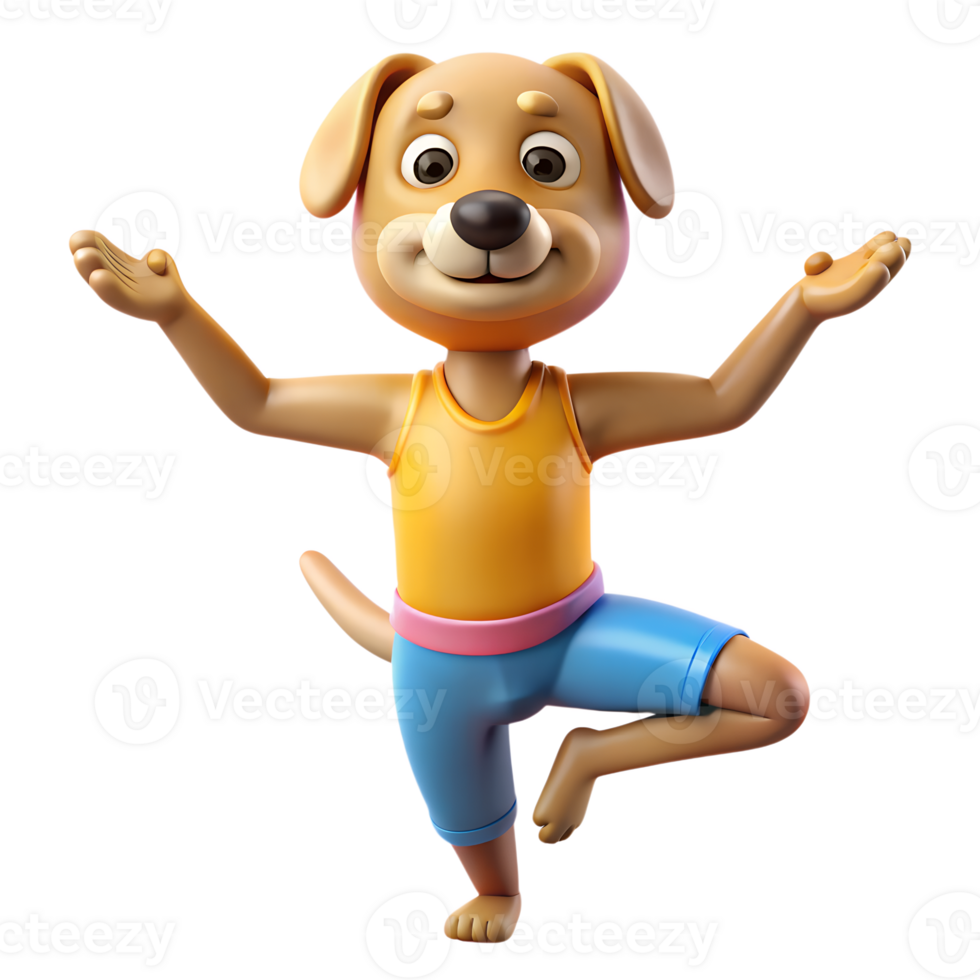Cartoon Dog Character 3d Style Practicing Various Tree Yoga Poses on Transparent Background png