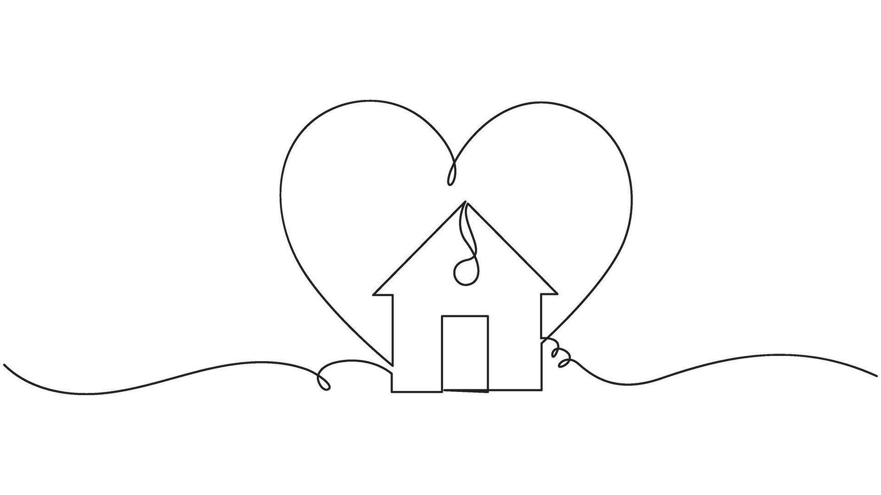 Continuous line drawing of a house within a heart shape on transparent background. eps 10 vector