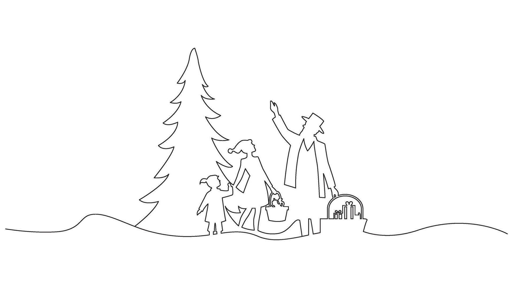 Continuous Line Illustration of Family's Winter Outing in Snowy Landscape vector