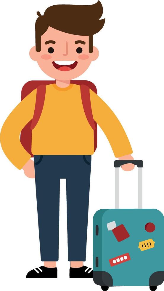 Happy young traveler with a turquoise suitcase and a backpack in a flat illustration vector