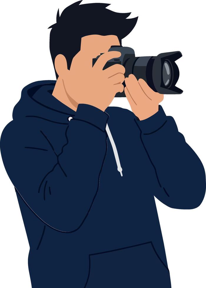 Photographer in navy hoodie capturing moments with camera in flat illustration vector