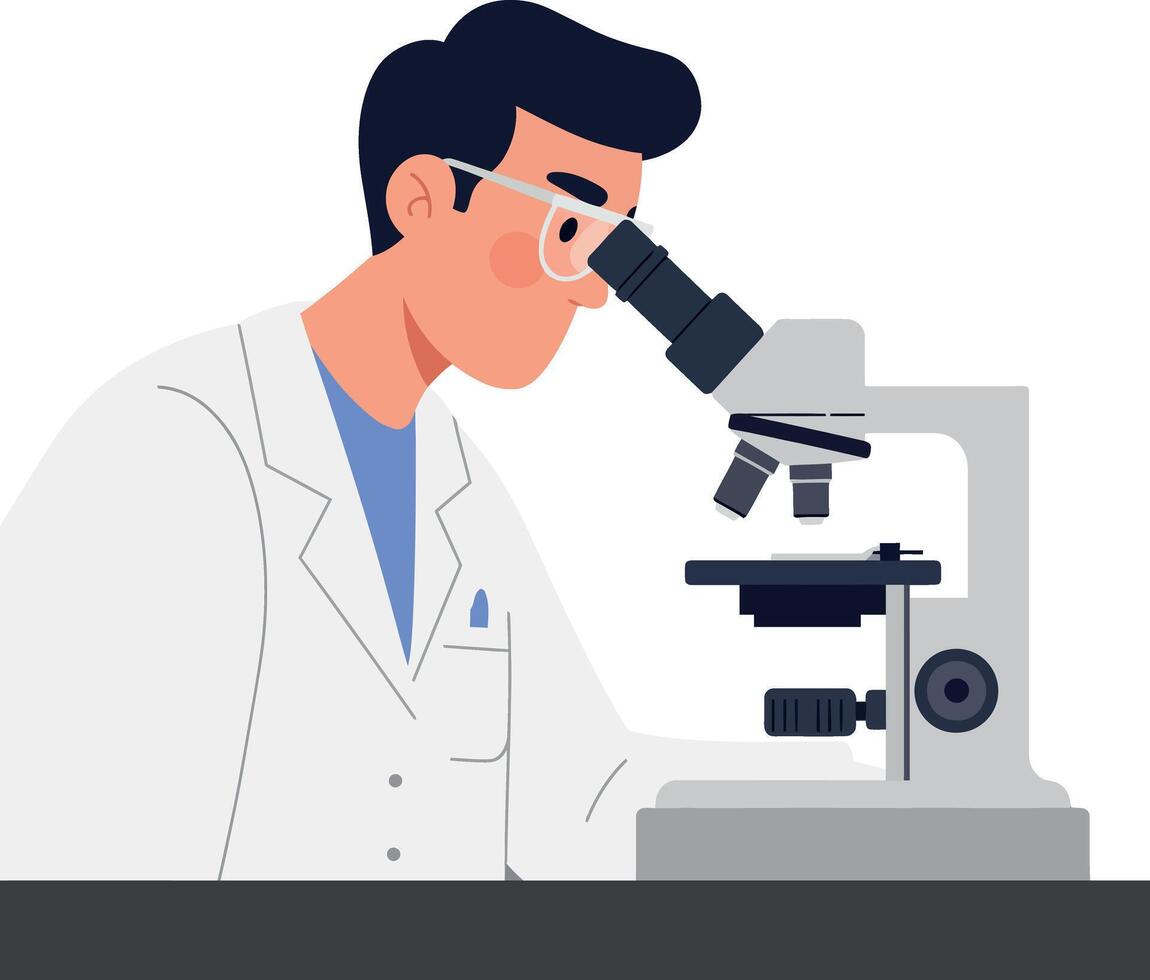 Scientist in a white lab coat examining samples through a microscope in a flat illustration vector