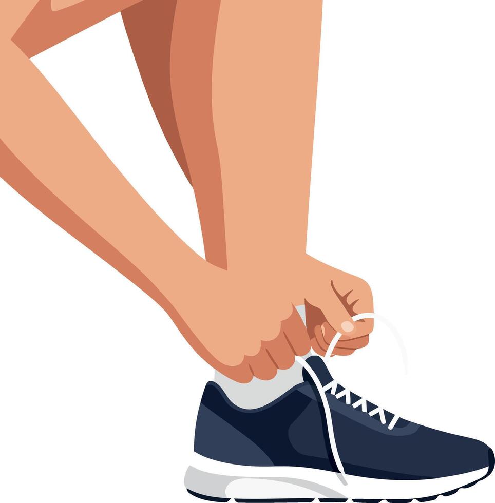 Person tying shoelaces on athletic shoes in a flat illustration showcasing active lifestyle and readiness for exercise art vector