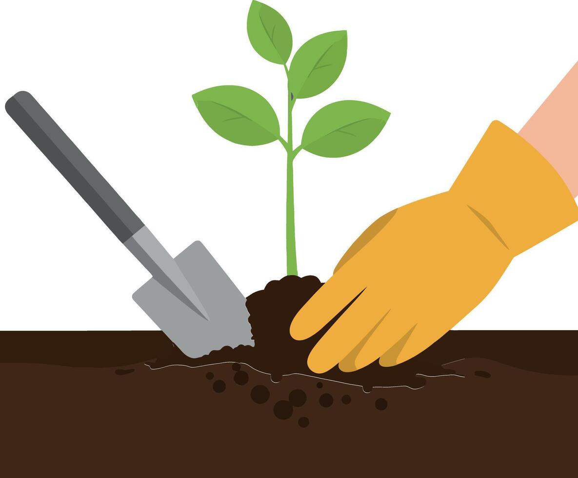 Person planting a small green seedling in rich dark soil with a shovel and gloved hand in flat art vector