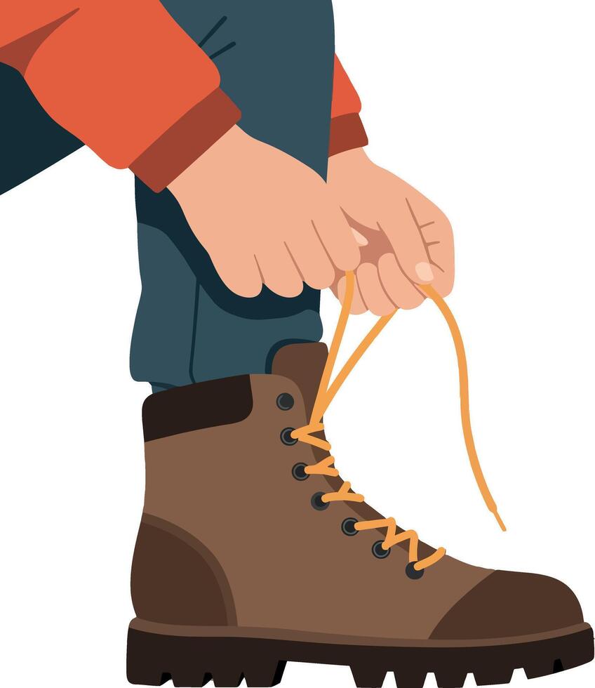 A person tying shoelaces on sturdy brown hiking boots in a minimal flat illustration vector