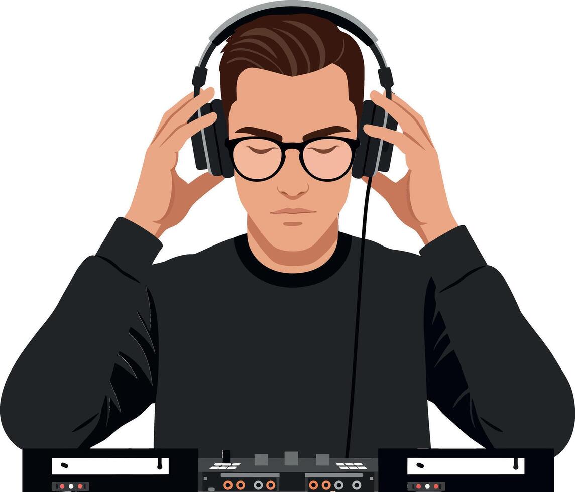 Young man wearing headphones focused on DJ mixer in minimal flat art vector