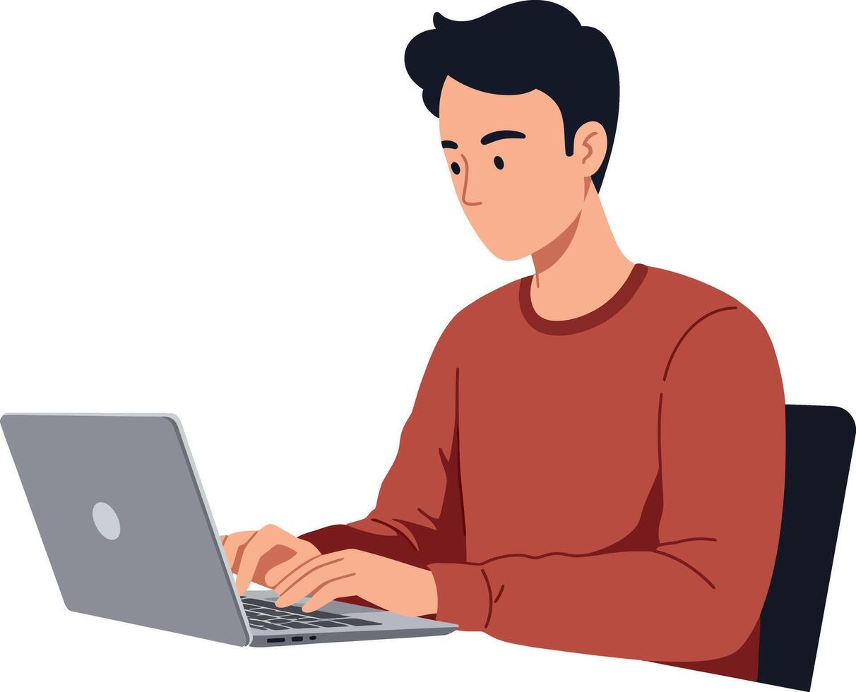 Young man working intently on a laptop while seated at a desk in a minimalist flat illustration vector