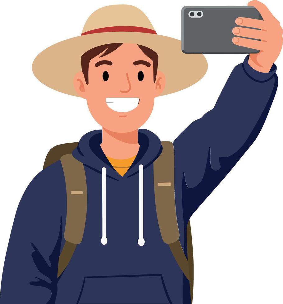 Happy young man taking a selfie while wearing a hat and backpack in a casual flat illustration vector